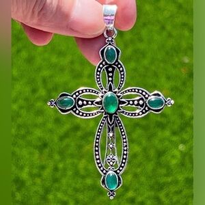 Green Onyx Sterling Silver 2.5” Cross Pendant